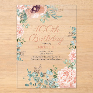 Pink Floral Gold Glitter 100th Acrylic Birthday Acrylic Invitations