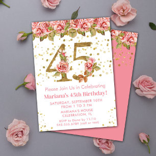 Pink Floral Gold Glitter 45th Birthday Party Invitation