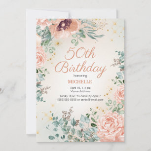 Pink Floral Gold Glitter 50th Birthday Invitation