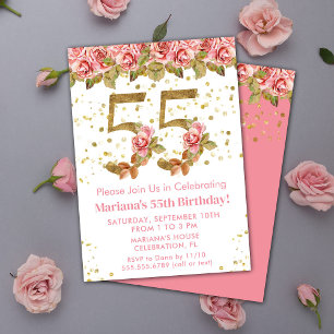 Pink Floral Gold Glitter 55th Birthday Party Invitation