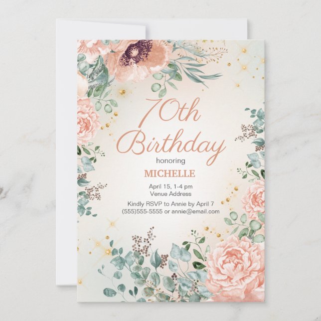 Pink Floral Gold Glitter 70th Birthday Invitation (Front)