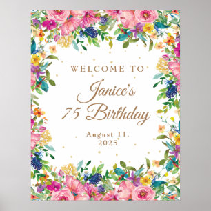 Pink Floral Gold Glitter 75th Birthday Welcome Poster