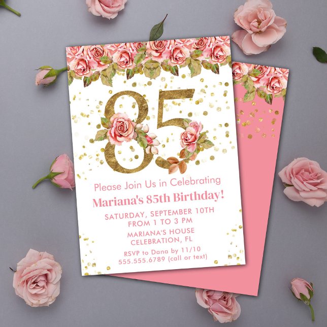 Pink Floral Gold Glitter 85th Birthday Party Invitation (Creator Uploaded)