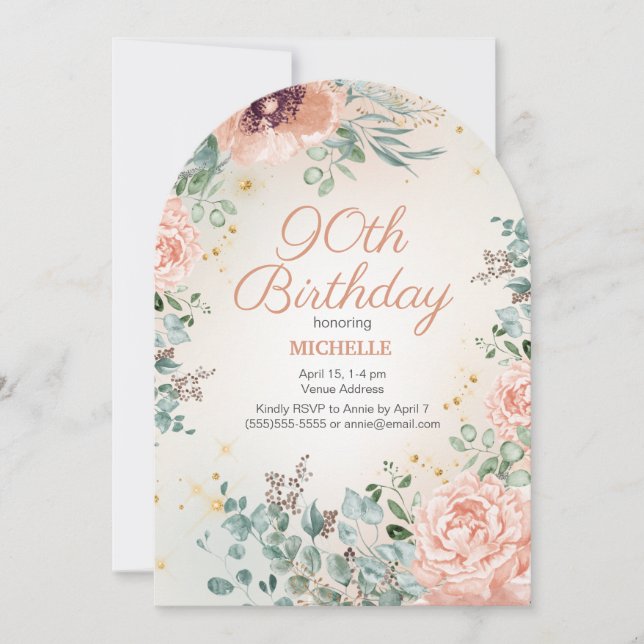 Pink Floral Gold Glitter 90th Arch Shaped Birthday Invitation (Front)