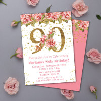 Pink Floral Gold Glitter 90th Birthday Party