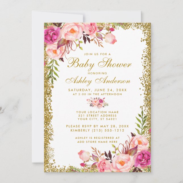 Pink Floral Gold Glitter Baby Shower Invitation (Front)