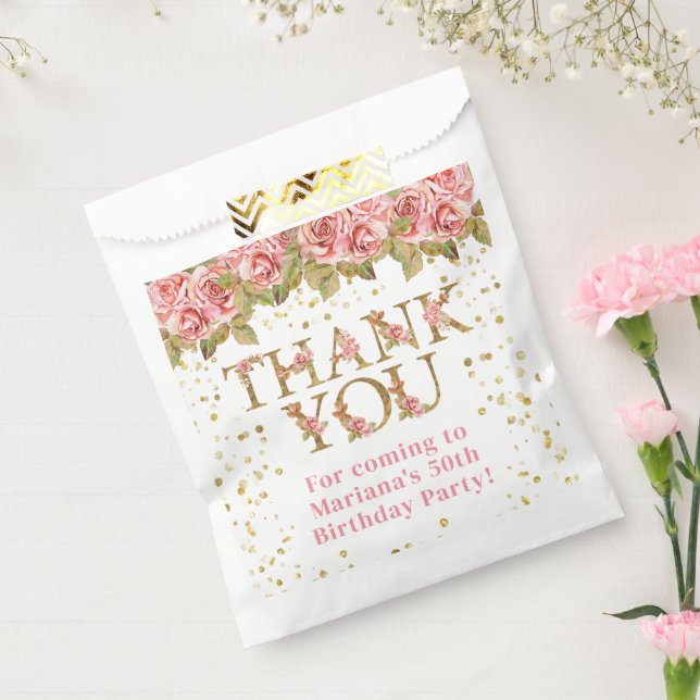 Pink Floral Gold Glitter Birthday Party Favour Bags (Sealed)