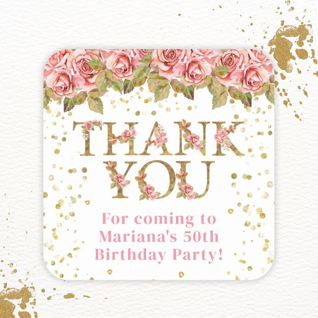 Pink Floral Gold Glitter Birthday Party Favours Square Sticker (Creator Uploaded)