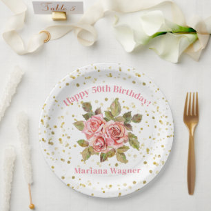 Pink Floral Gold Glitter Birthday Party Paper Plate