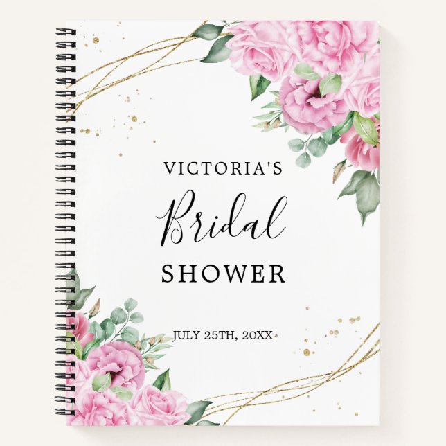 Pink Floral Gold Glitter Bridal Shower Gift List Notebook (Front)
