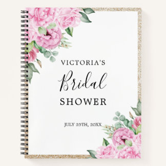 Pink Floral Gold Glitter Bridal Shower Gift List Notebook
