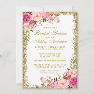 Pink Floral Gold Glitter Bridal Shower Invitation