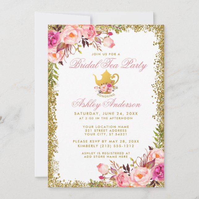 Pink Floral Gold Glitter Bridal Tea Party Invite (Front)