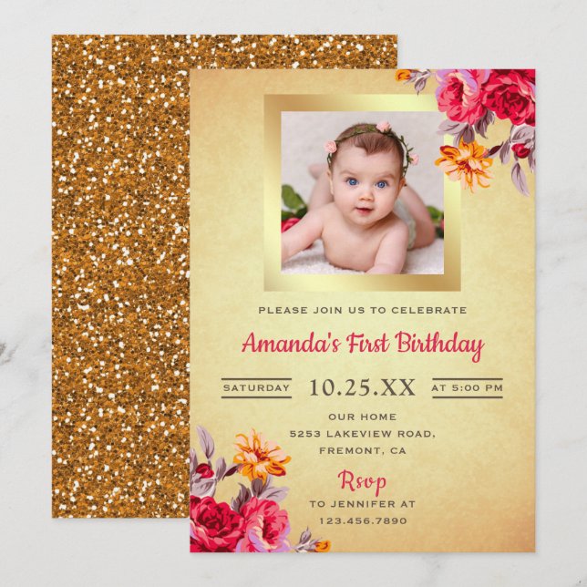 Pink Floral Gold Glitter First Birthday Invitation (Front/Back)