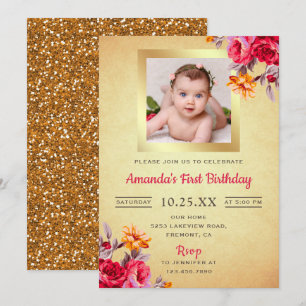 Pink Floral Gold Glitter First Birthday Invitation