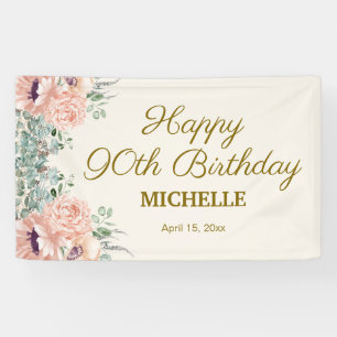 Pink Floral Gold Glitter Happy 90th Birthday Banner