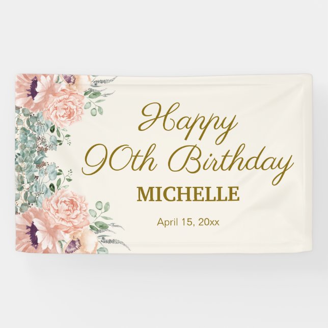 Pink Floral Gold Glitter Happy 90th Birthday  Banner (Horizontal)