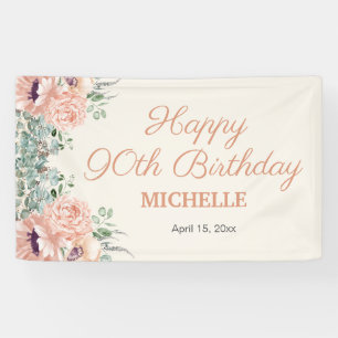 Pink Floral Gold Glitter Happy 90th Birthday Banner