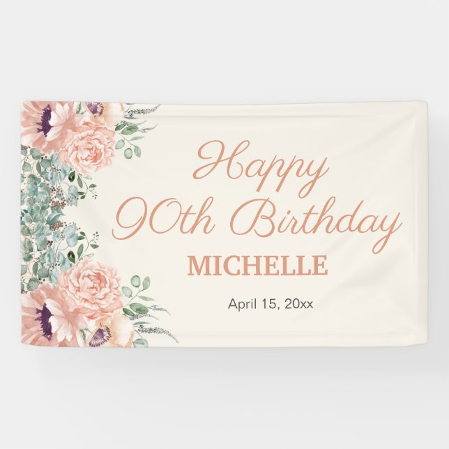 Pink Floral Gold Glitter Happy 90th Birthday Banner (Horizontal)