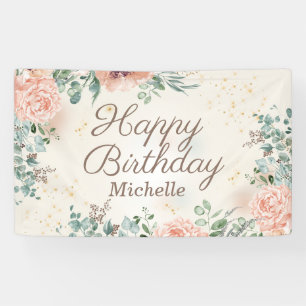 Pink Floral Gold Glitter Happy Birthday Banner