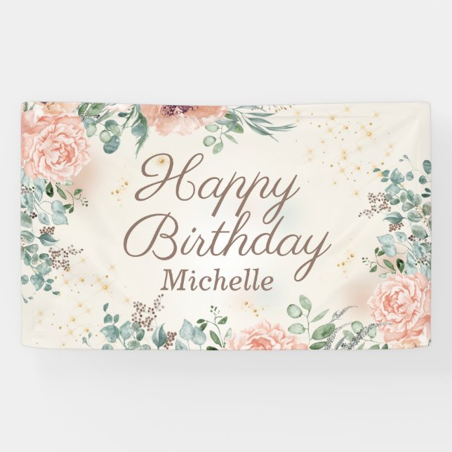 Pink Floral Gold Glitter Happy Birthday Banner (Horizontal)