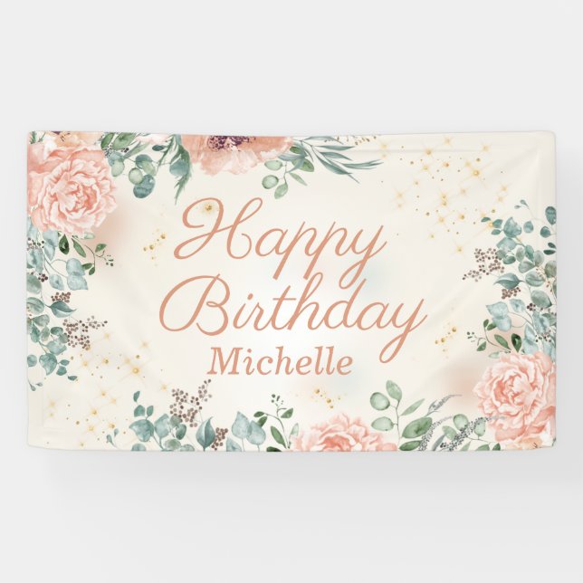 Pink Floral Gold Glitter Happy Birthday Script Banner (Horizontal)