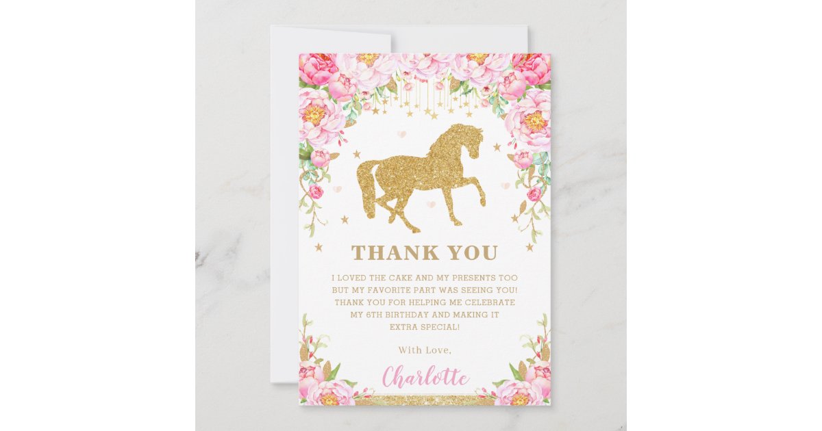 Pink Floral Gold Glitter Horse Birthday Party Thank You Card | Zazzle