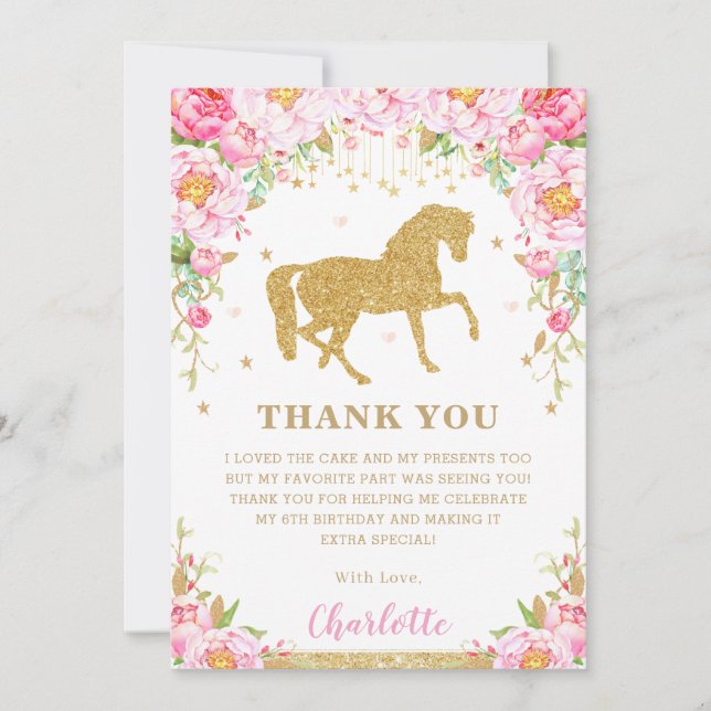 Pink Floral Gold Glitter Horse Birthday Party Thank You Card (Front)
