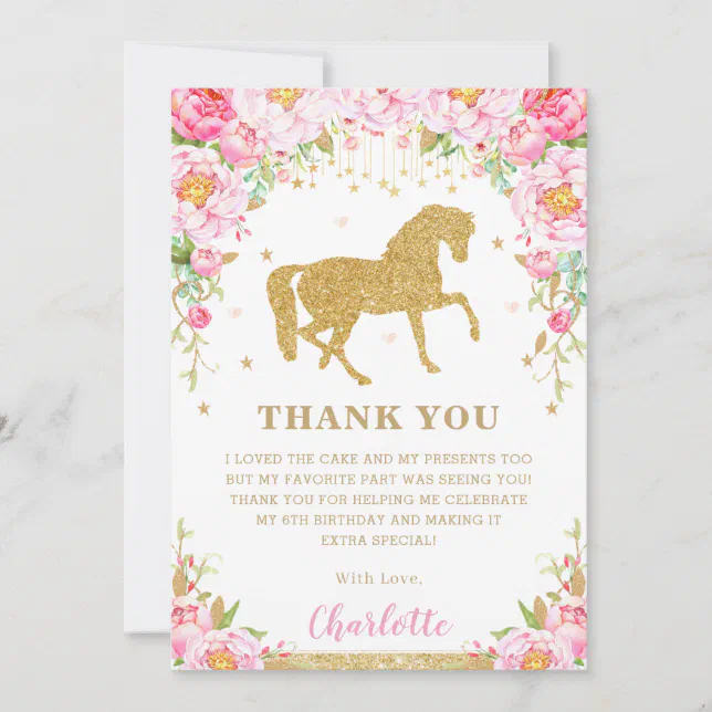 Pink Floral Gold Glitter Horse Birthday Party Thank You Card | Zazzle