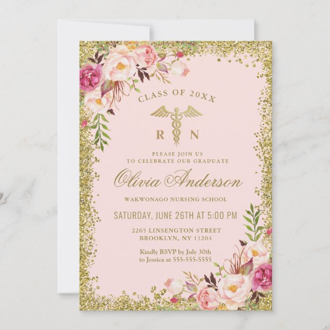 Pink Floral Gold Glitter Nursing School Graduation Invitation (Front)