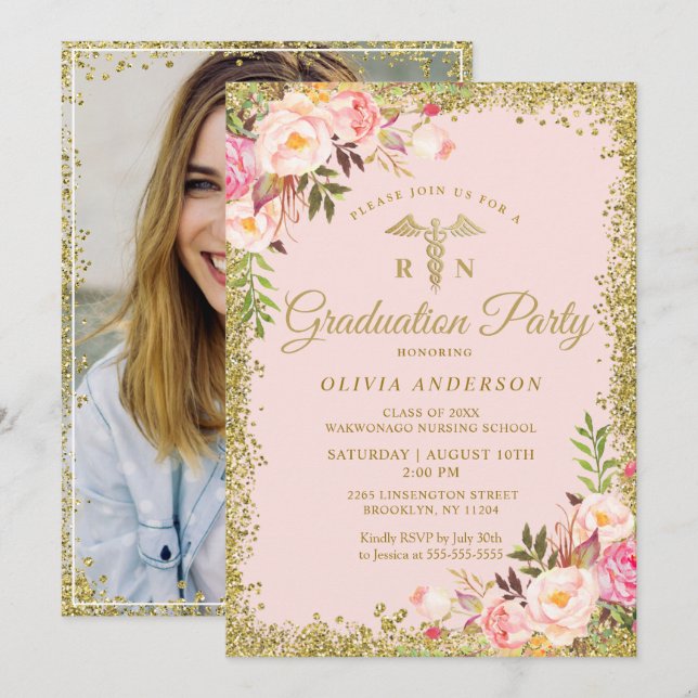 Pink Floral Gold Glitter Nursing School Graduation Invitation (Front/Back)