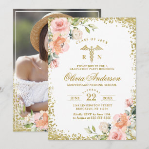 Pink Floral Gold Glitter Nursing School Graduation Invitation
