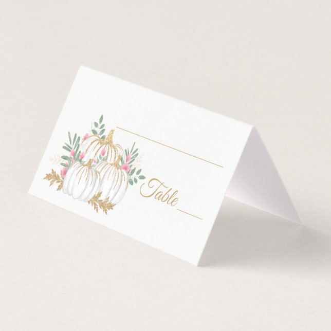 Pink Floral Gold Glitter Pumpkin Party Place Card (Front)