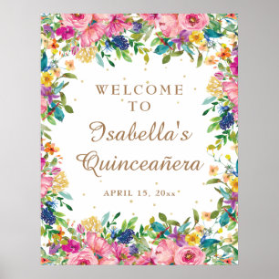 Pink Floral Gold Glitter Quinceañera Welcome  Poster
