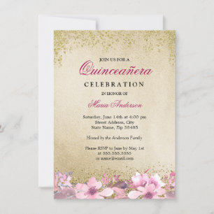 Pink Floral Gold Glitter Shimmer Quinceanera Invitation