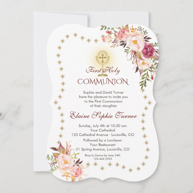 Pink Floral Gold Glitter Sparkles Holy Communion Invitation (Front)
