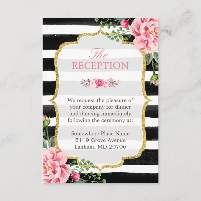 Pink Floral Gold Glitter Stripes Wedding Reception Enclosure Card (Front)