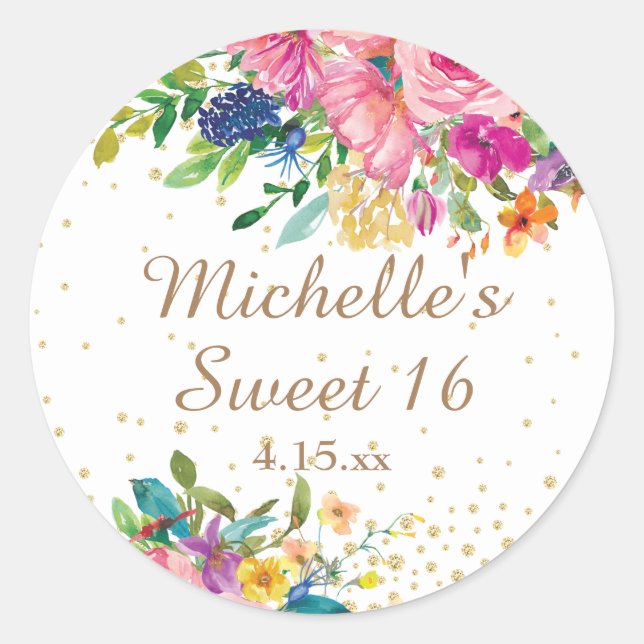Pink Floral Gold Glitter Sweet 16 Birthday Name Classic Round Sticker (Front)