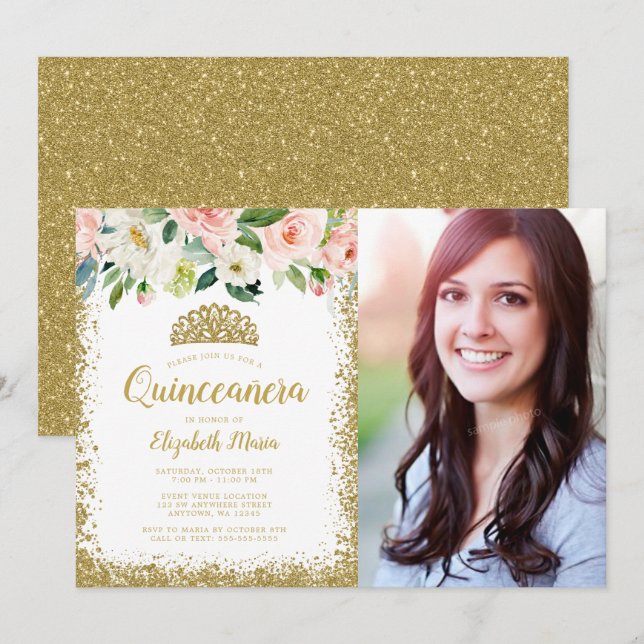 Pink Floral Gold Glitter Tiara Quinceanera Photo Invitation (Front/Back)