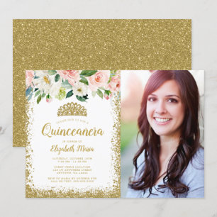 Pink Floral Gold Glitter Tiara Quinceanera Photo Invitation