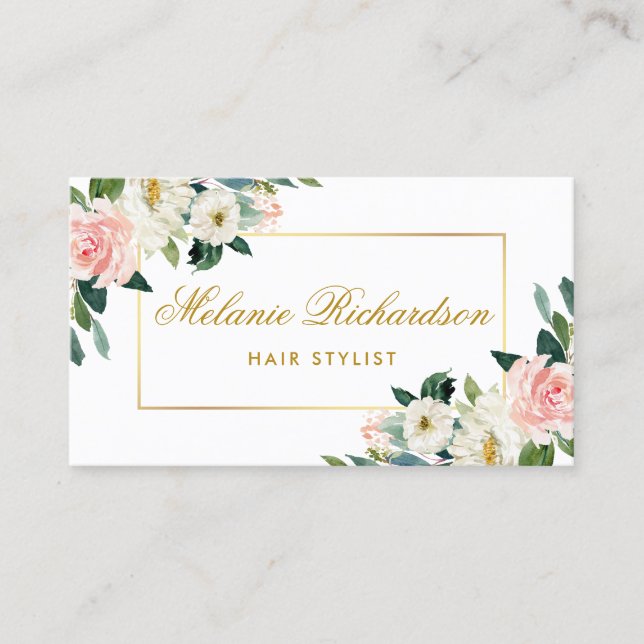 Pink Floral Gold Hair Stylist Appointment Card (Front)