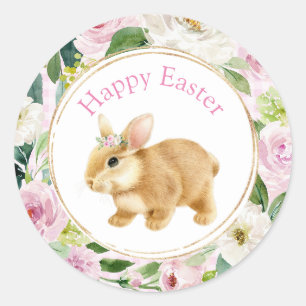 Pink Floral & Gold Happy Easter Bunny Classic Round Sticker