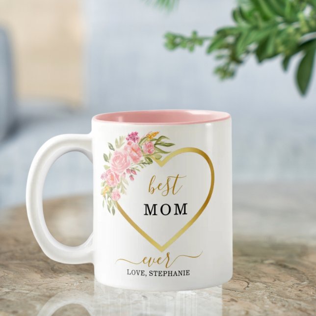 Pink Floral Gold Heart Best Mum Ever Two-Tone Coffee Mug (Creator Uploaded)