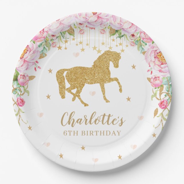 Pink Floral Gold Horse Birthday Baby Shower Paper Plate (Front)