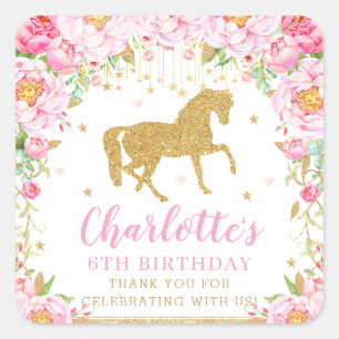 Pink Floral Gold Horse Birthday Thank You Favor Square Sticker