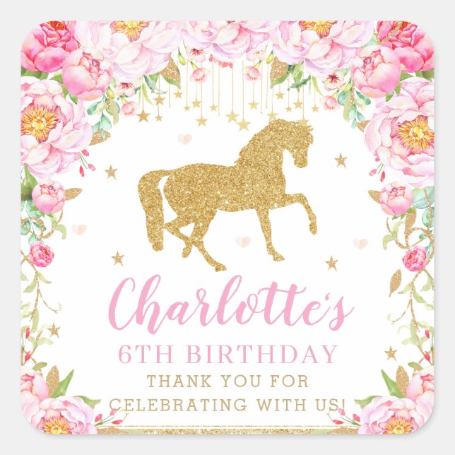 Pink Floral Gold Horse Birthday Thank You Favour Square Sticker (Front)