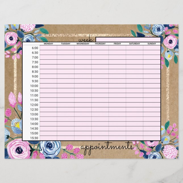 Pink Floral Gold Kraft Paper Business Appointments (Front)