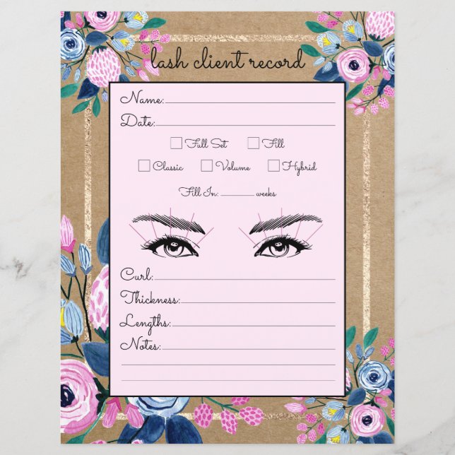 Pink Floral Gold Kraft Paper Lash Client Record (Front)