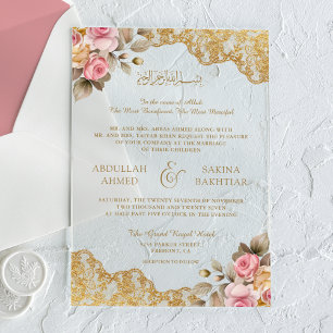 Pink Floral Gold Lace Muslim Wedding Acrylic Invitations
