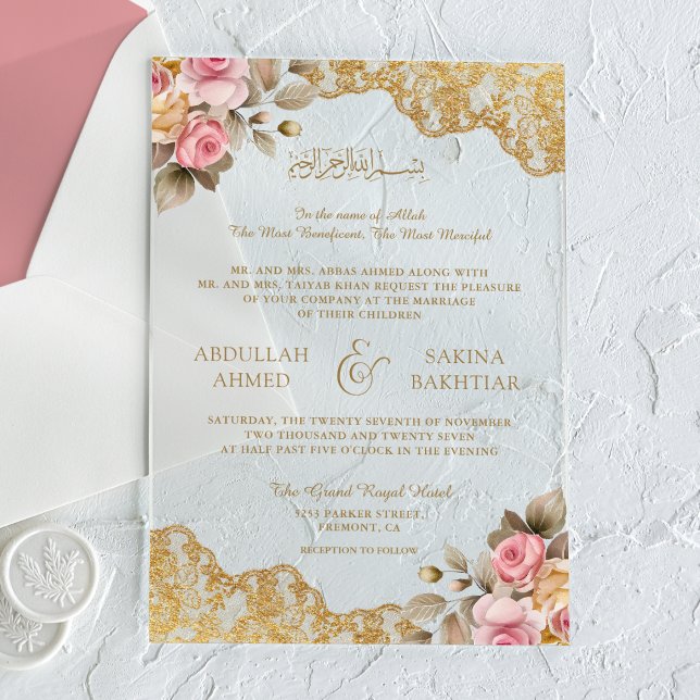 Pink Floral Gold Lace Muslim Wedding Acrylic Invitations (Creator Uploaded)